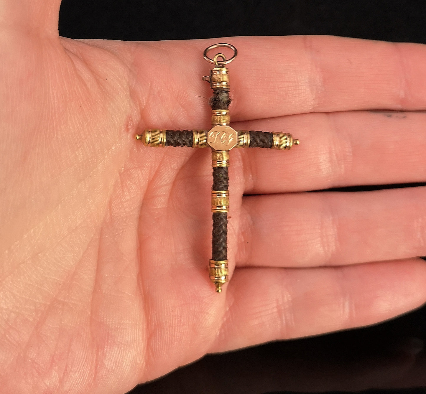 Antique Georgian mourning Cross pendant, hairwork, 9ct gold
