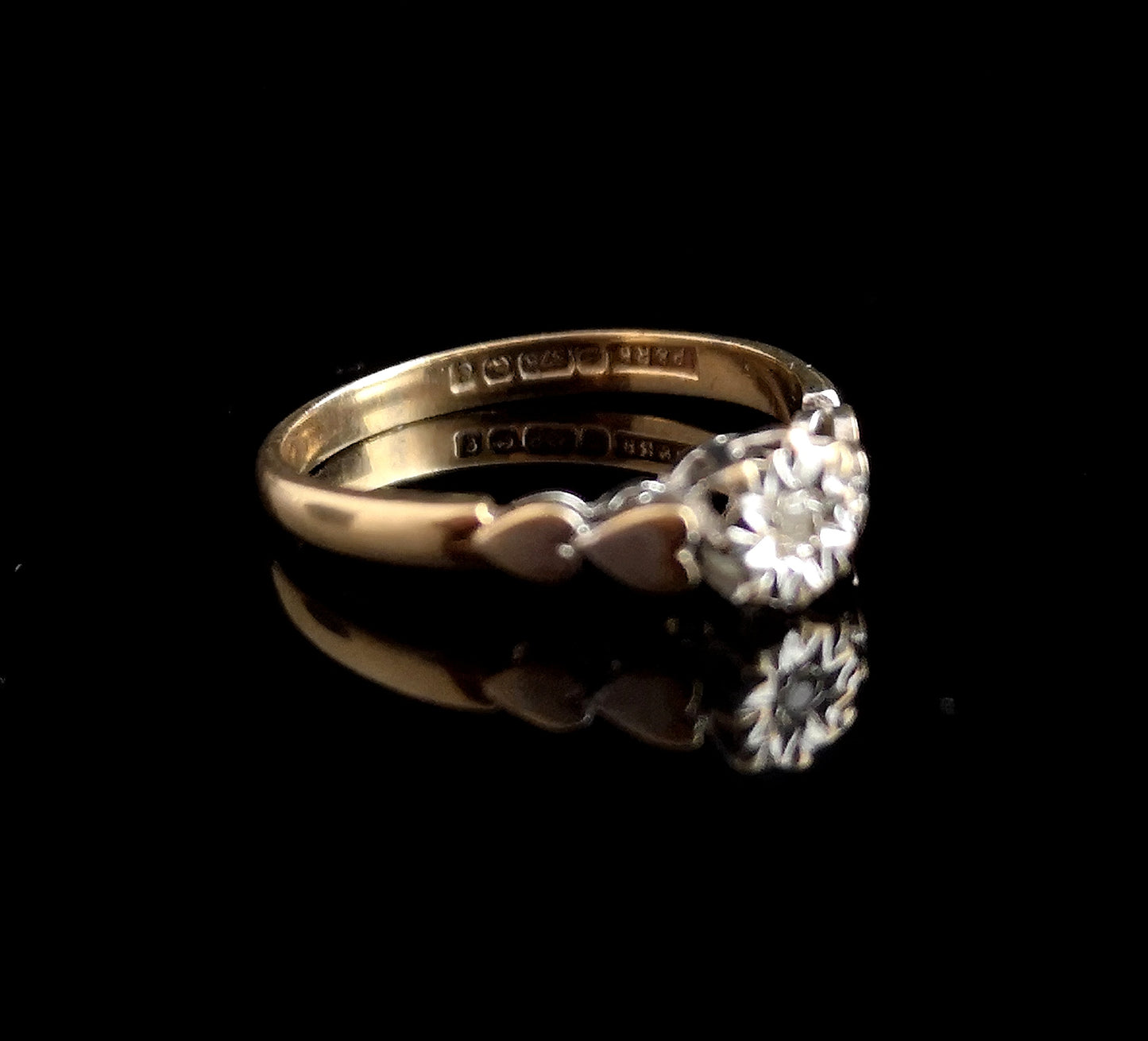 Vintage 9ct gold diamond solitaire ring, hearts