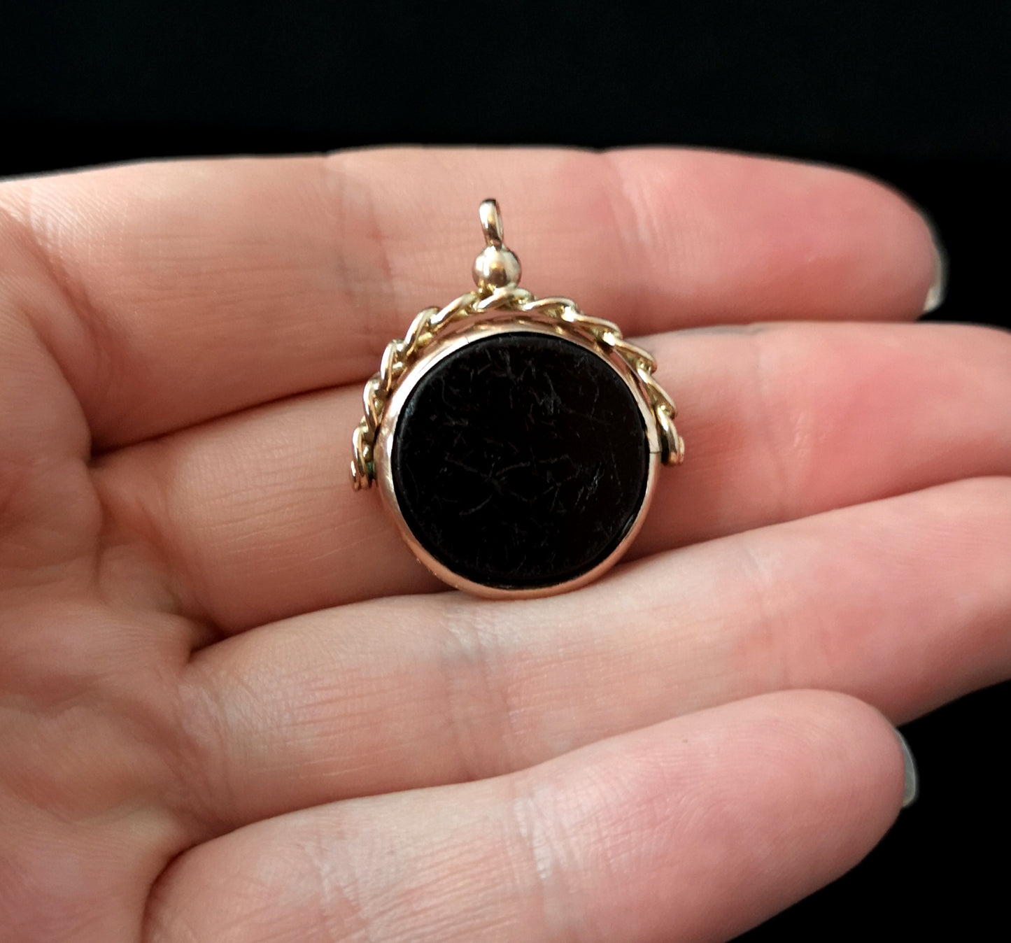 Antique 9ct Rose gold swivel fob, onyx