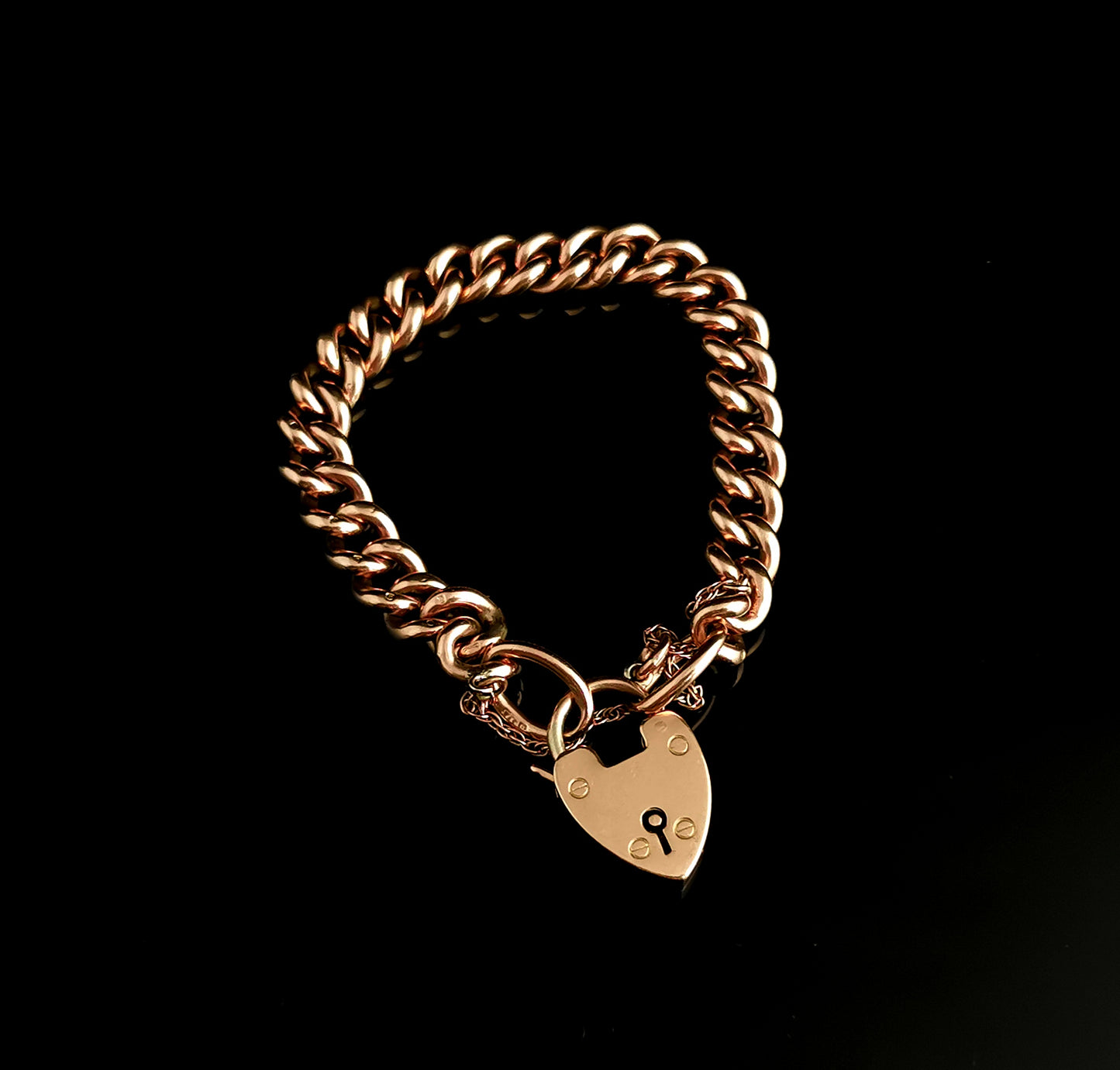 Victorian 9ct Rose gold curb bracelet, heart padlock, solid