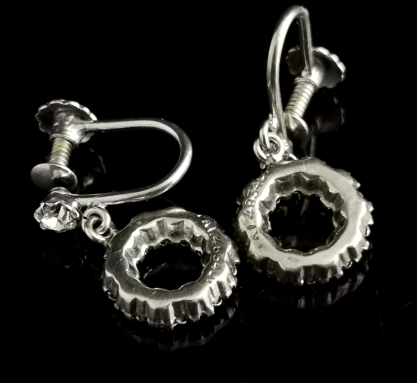 Vintage Art Deco paste drop earrings, dangly silver