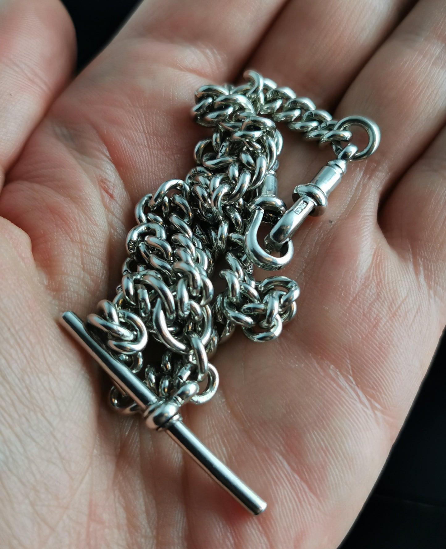 Vintage sterling silver double Albert chain, 1930's, watch chain