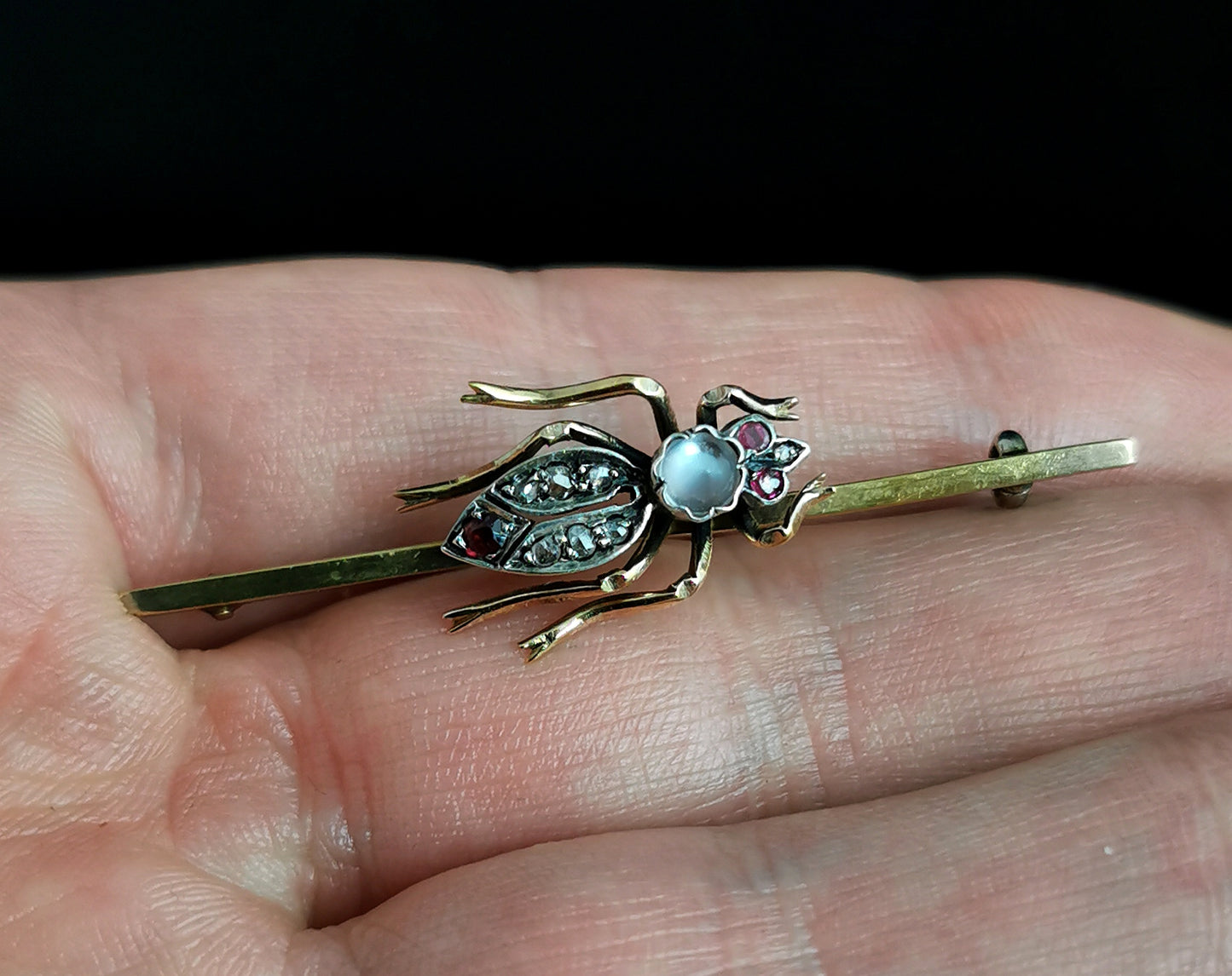 Antique Moonstone beetle brooch, Ruby, Diamond and Garnet, 15ct gold, boxed
