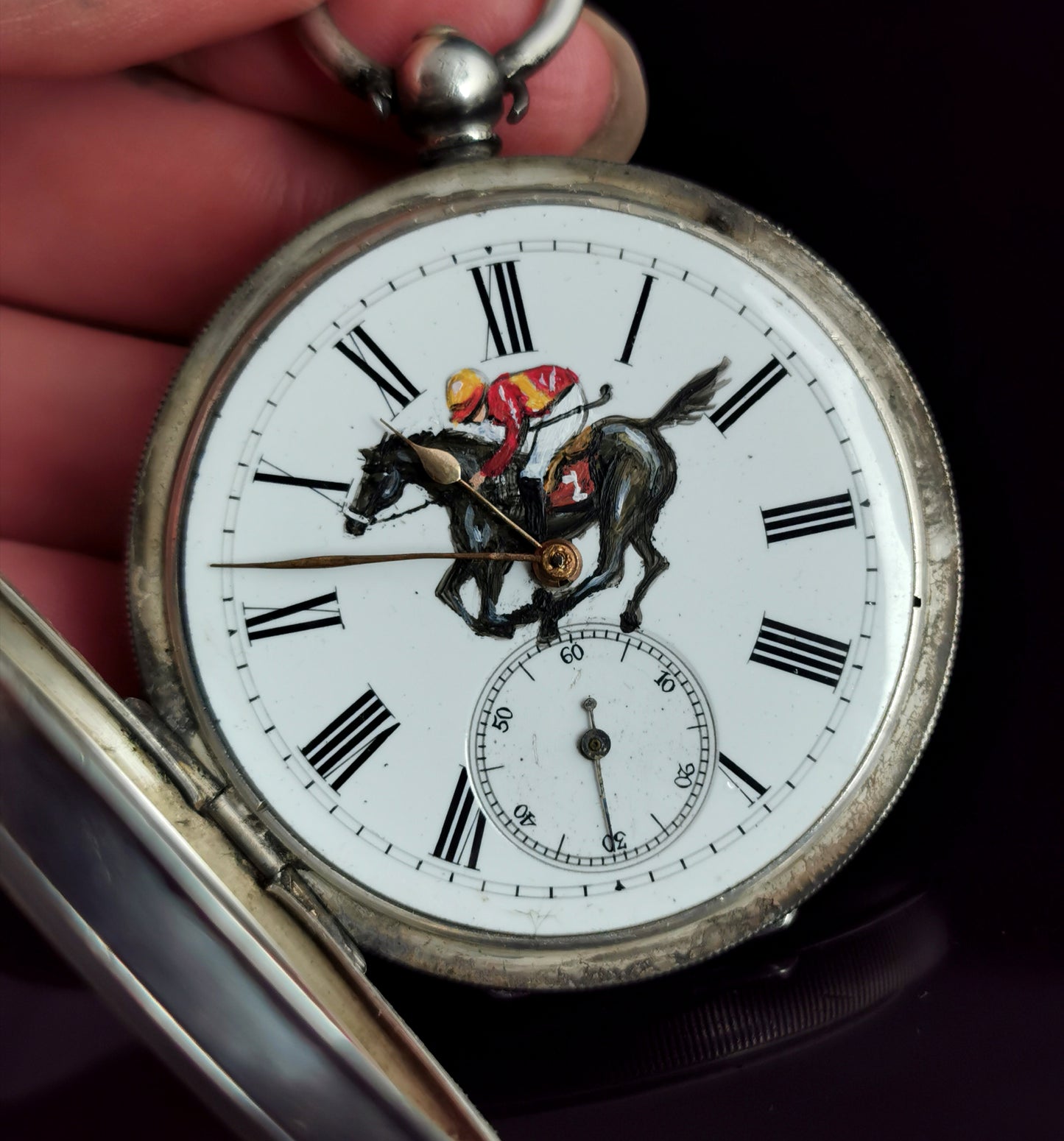 Victorian silver pocket watch, horse racing