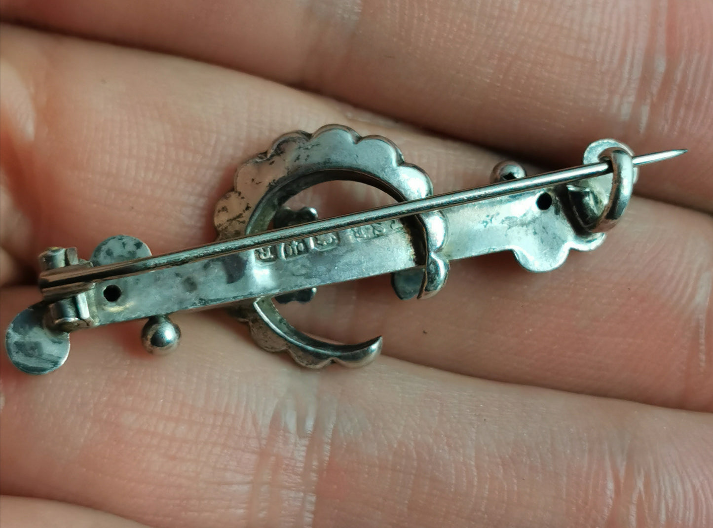 Antique silver crescent and shamrock brooch
