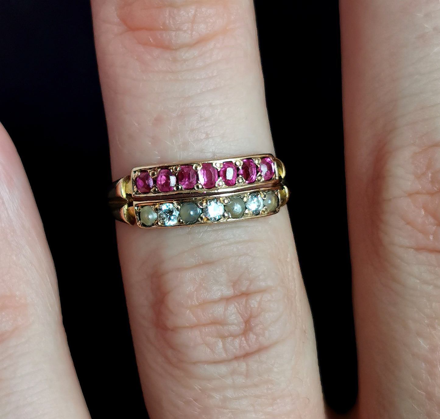 Antique Victorian Ruby, Diamond and pearl ring, 15ct gold, half hoop