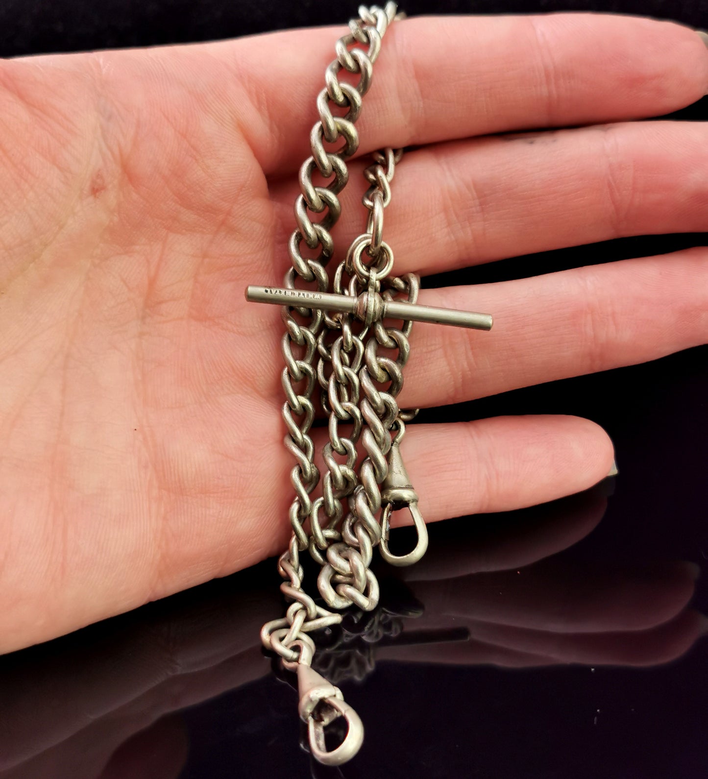 Antique double Albert chain, watch chain, silver plated