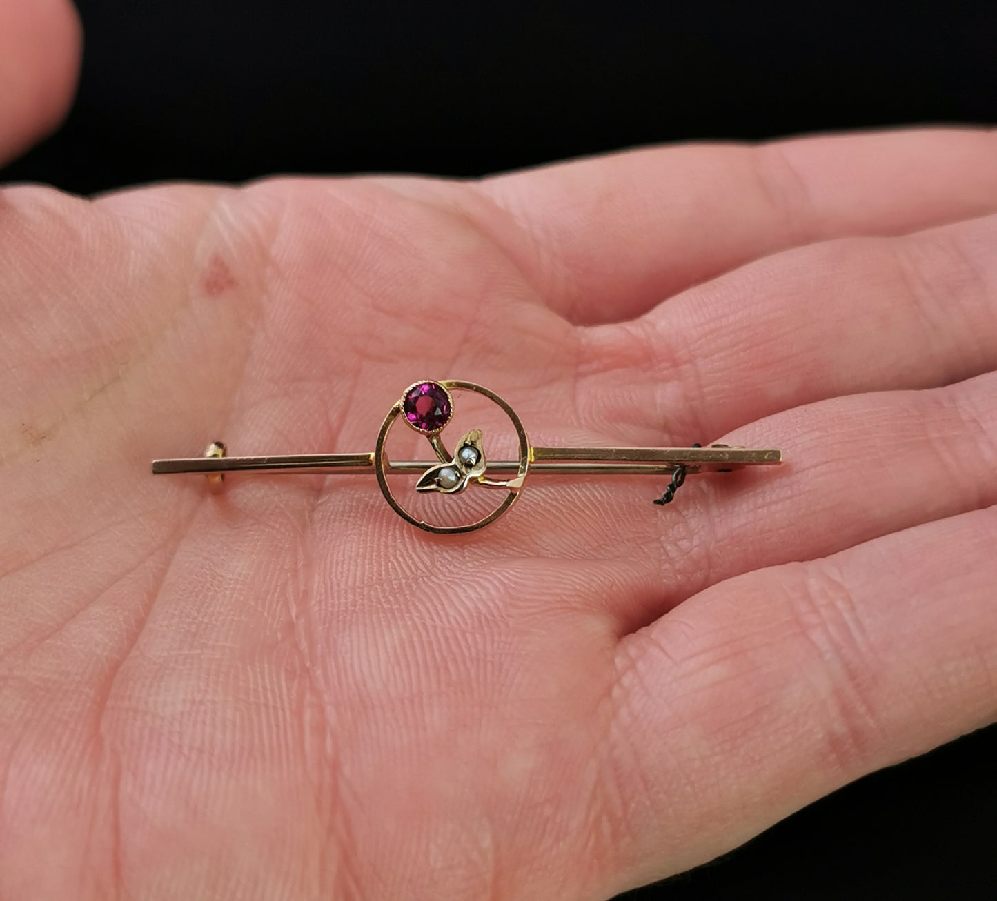 Antique 9ct gold floral bar brooch, Ruby paste and seed pearl, Art nouveau