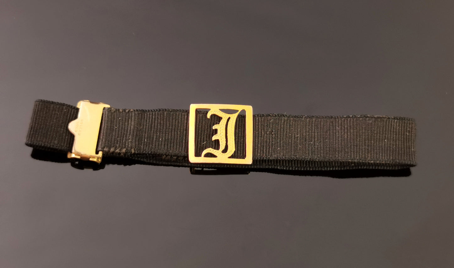Antique Victorian mourning bracelet, 9ct gold slider, J initial