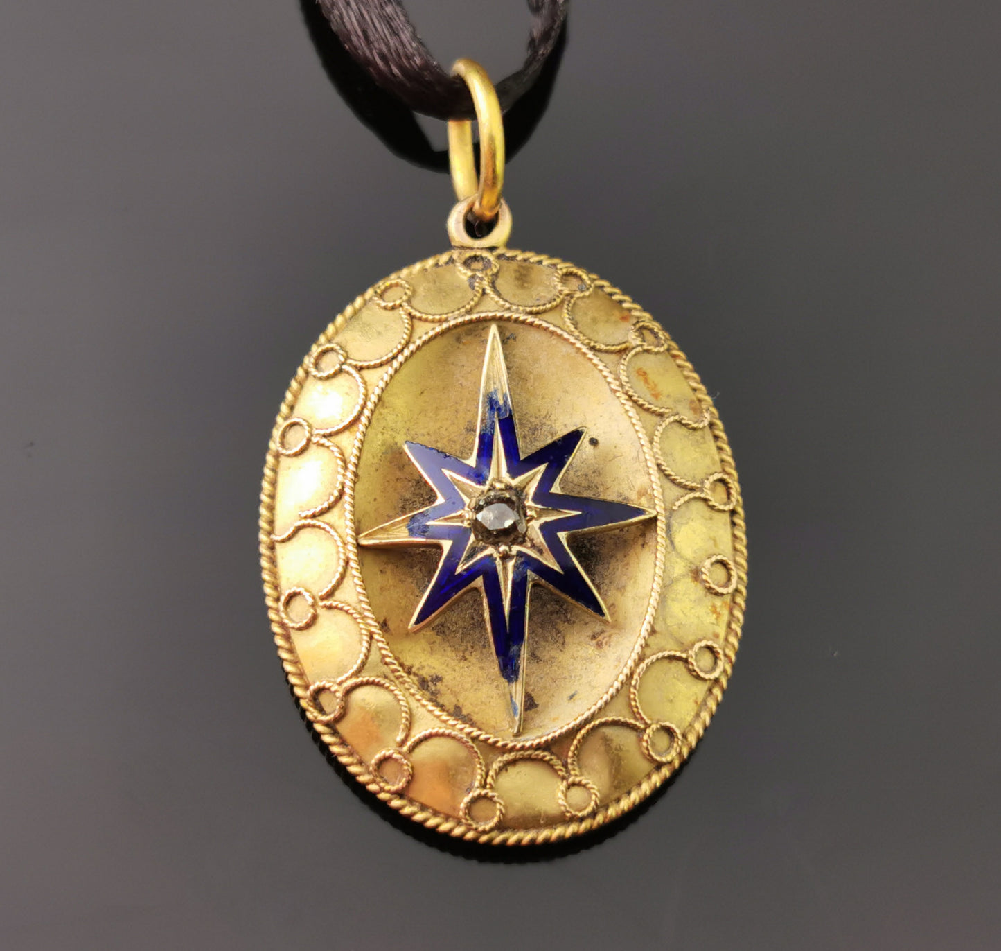 Antique Victorian Diamond star pendant, blue enamel, 9ct gold
