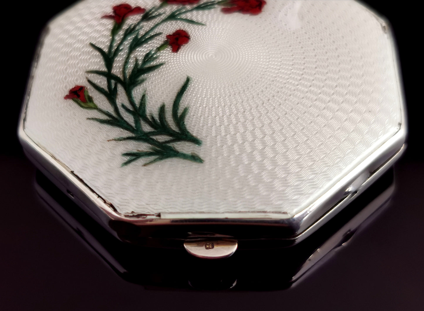 Vintage Art Deco silver and enamel compact, carnations