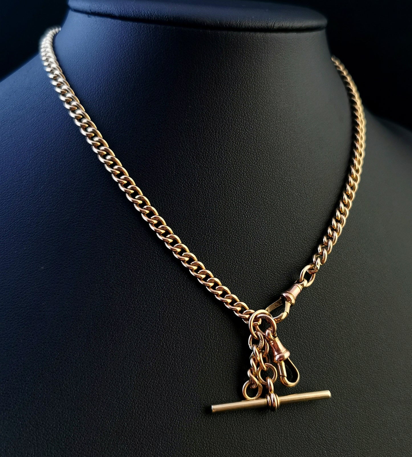 Antique 9ct yellow gold double Albert chain, watch chain, curb link