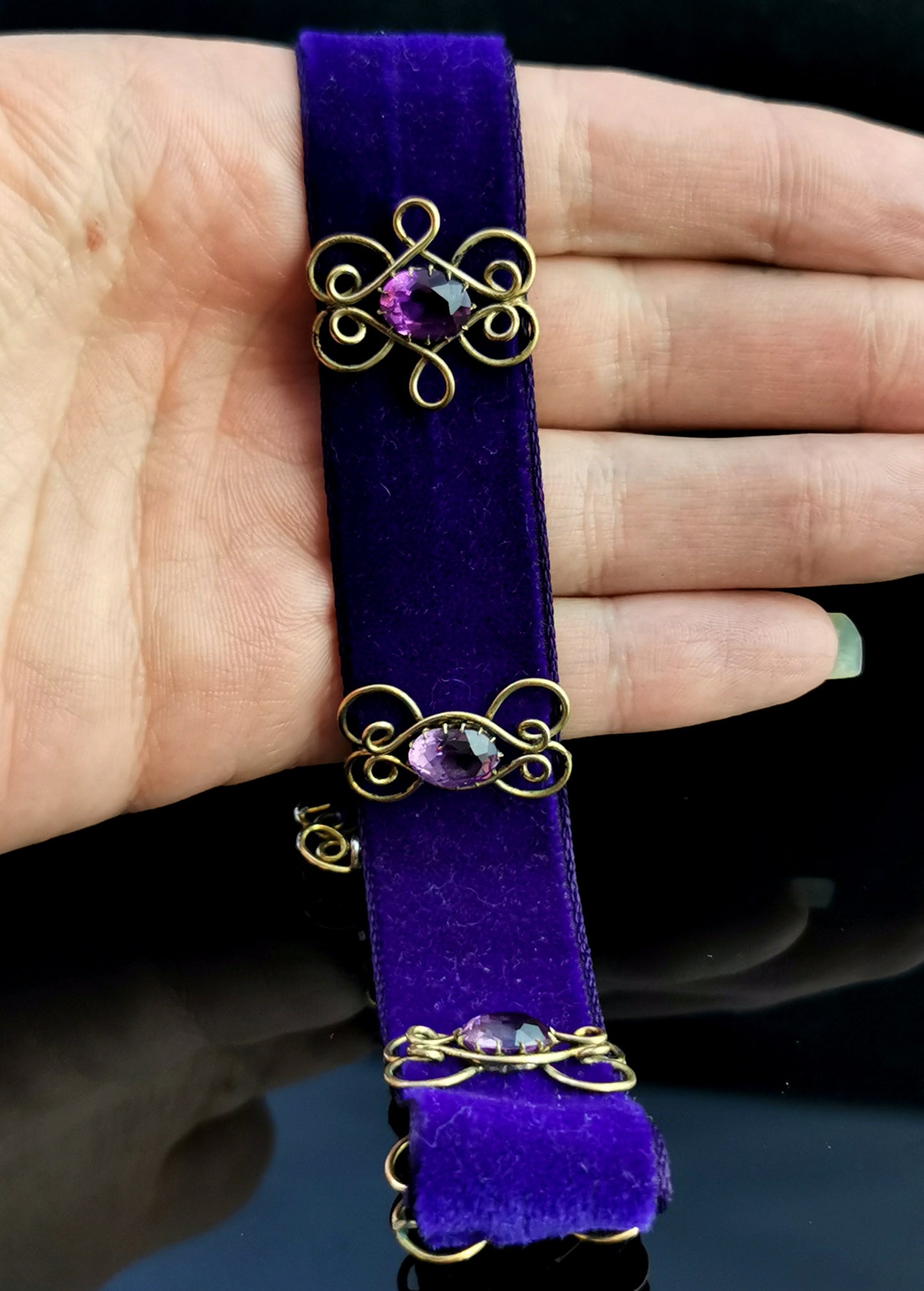 Antique Edwardian velvet choker necklace, Amethyst paste