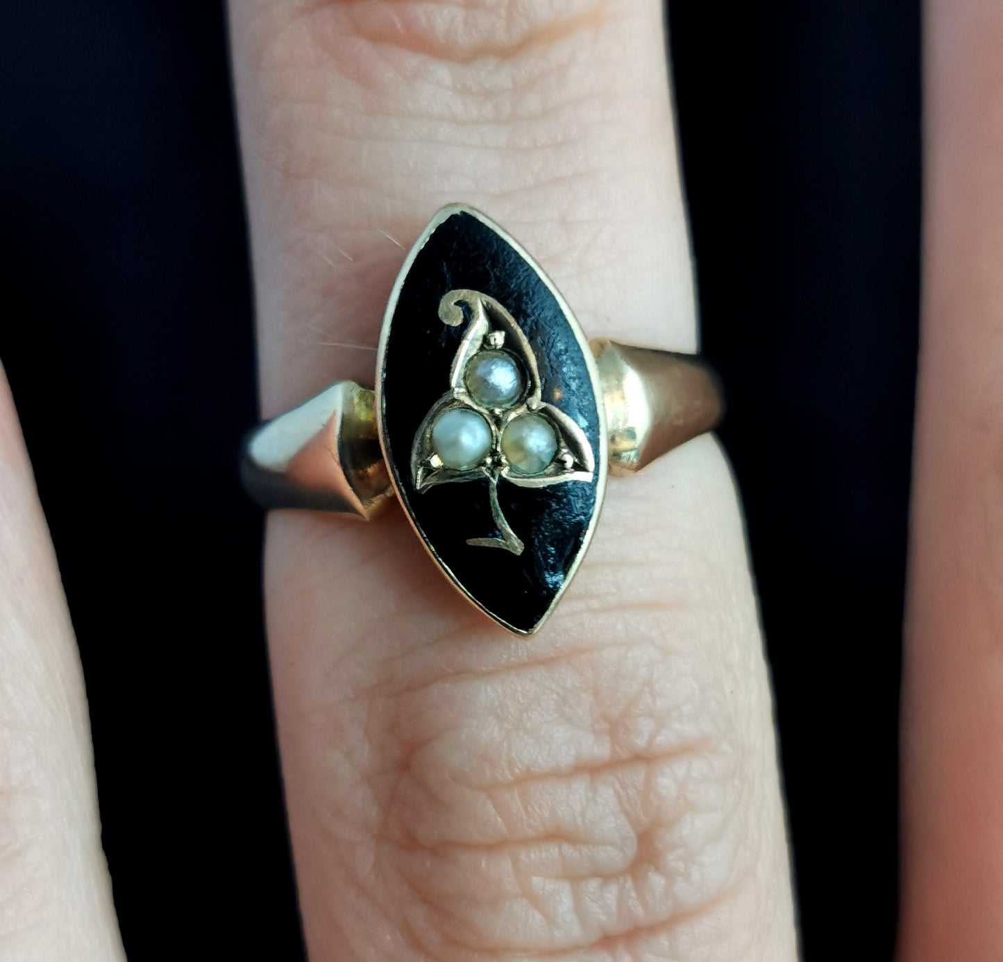 Antique Navette Mourning Ring, black enamel and pearl, Ivy leaf, 9ct yellow gold