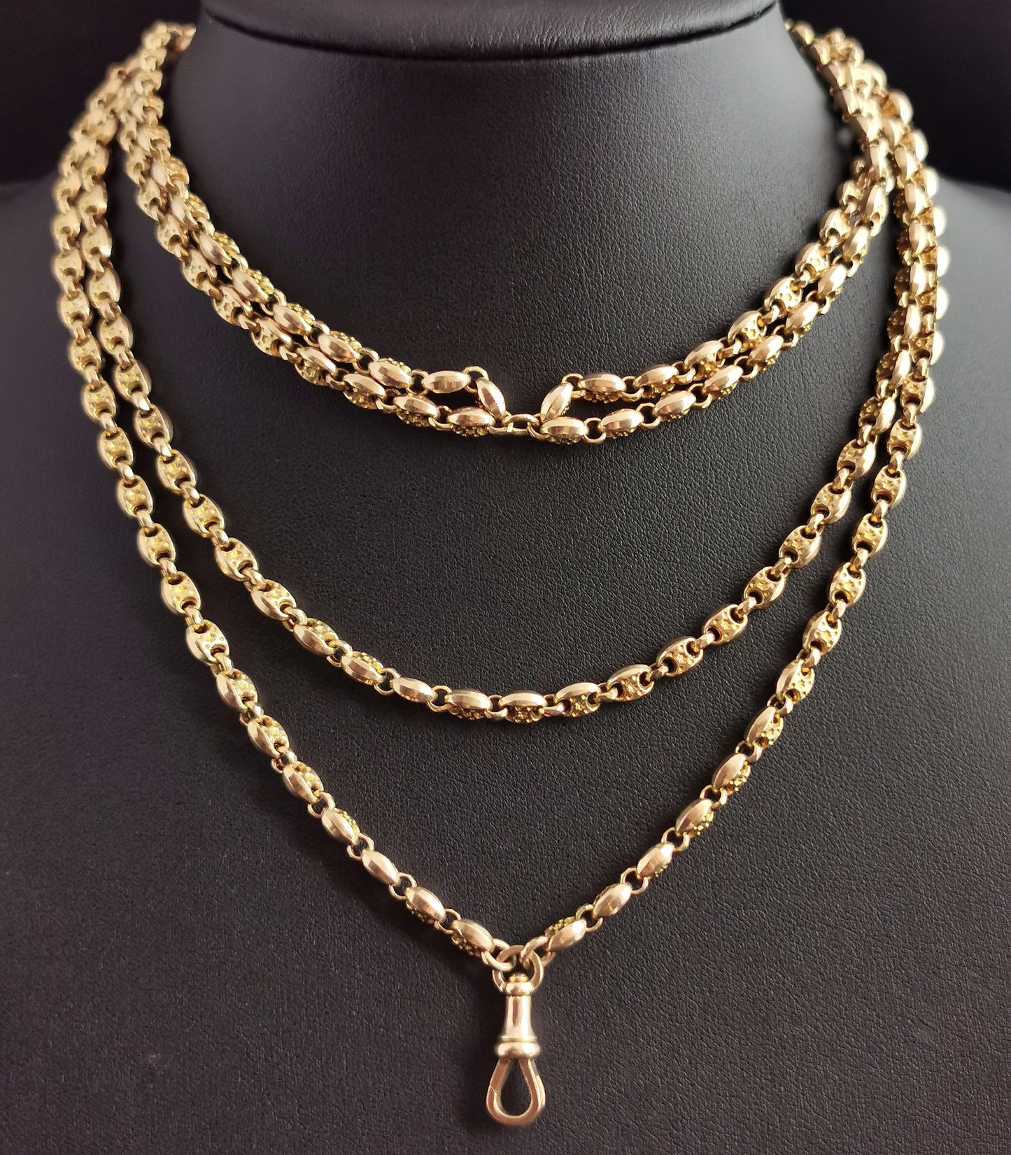 Antique 10ct gold longuard chain, muff chain necklace, heavy