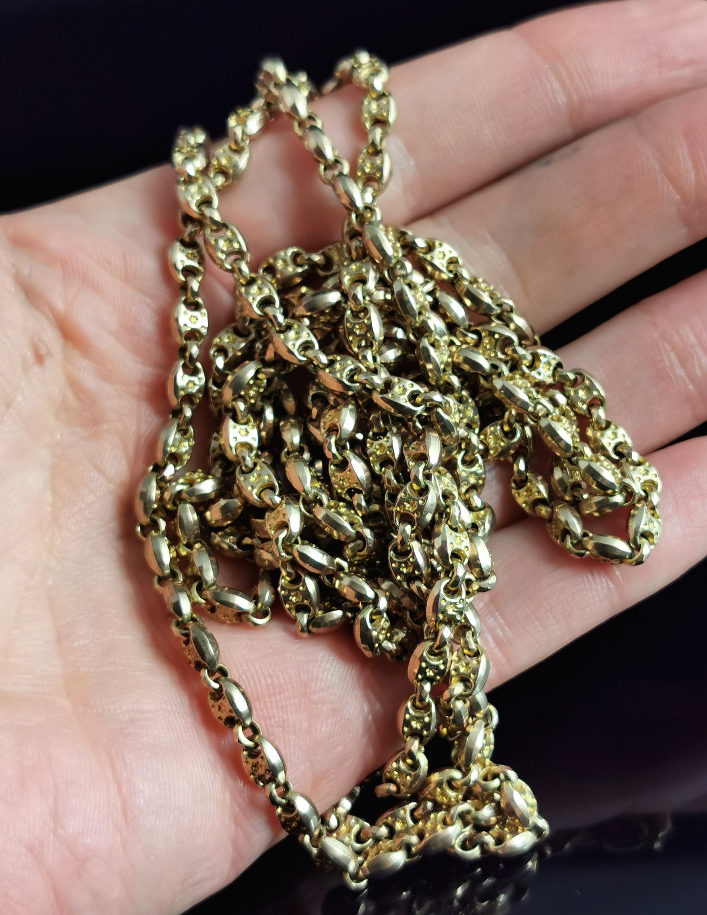 Antique 10ct gold longuard chain, muff chain necklace, heavy
