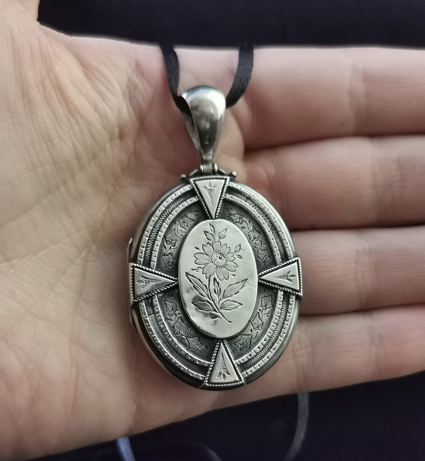 Antique Victorian silver locket pendant, Aesthetic engraved