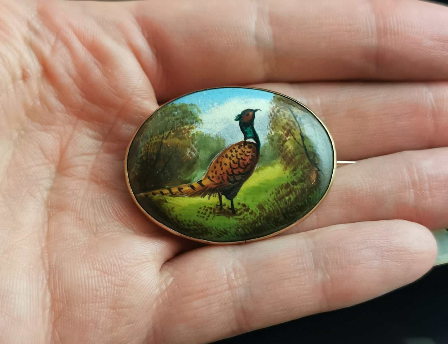 Antique enamelled Pheasant brooch Minton