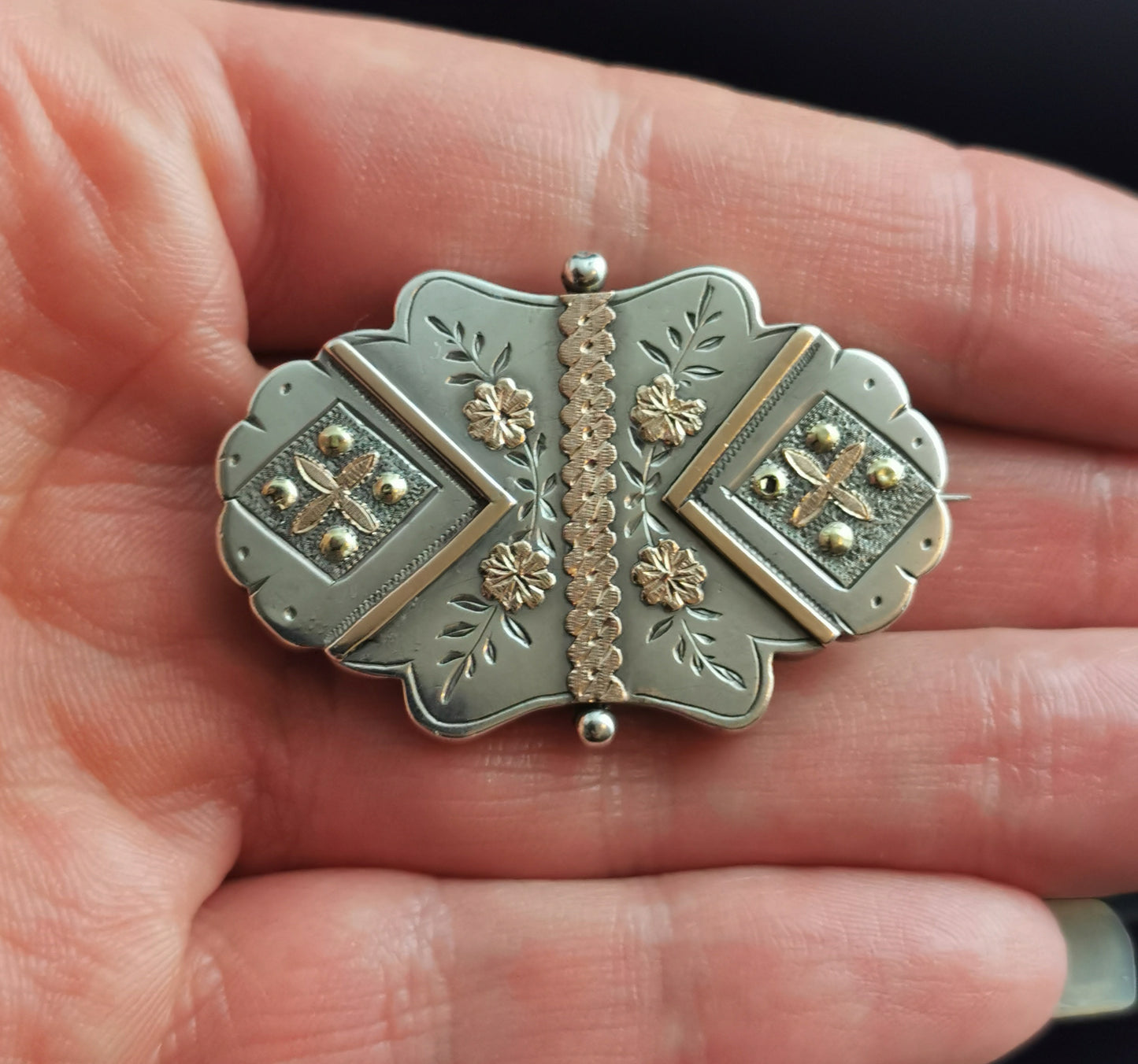 Victorian Aesthetic silver locket brooch, 9ct Rose and Yellow gold