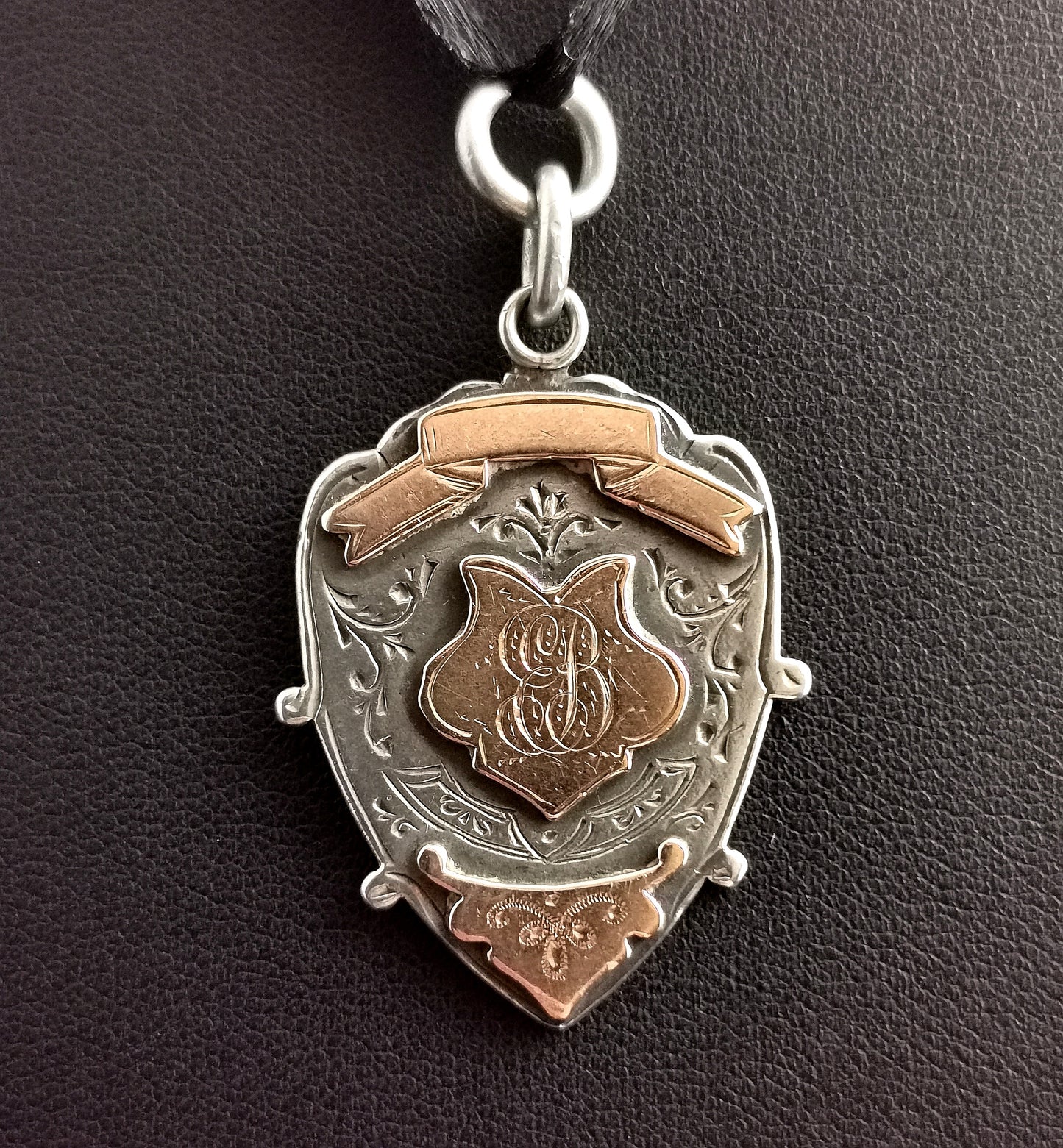 Antique Sterling silver and Rose gold shield fob, pendant