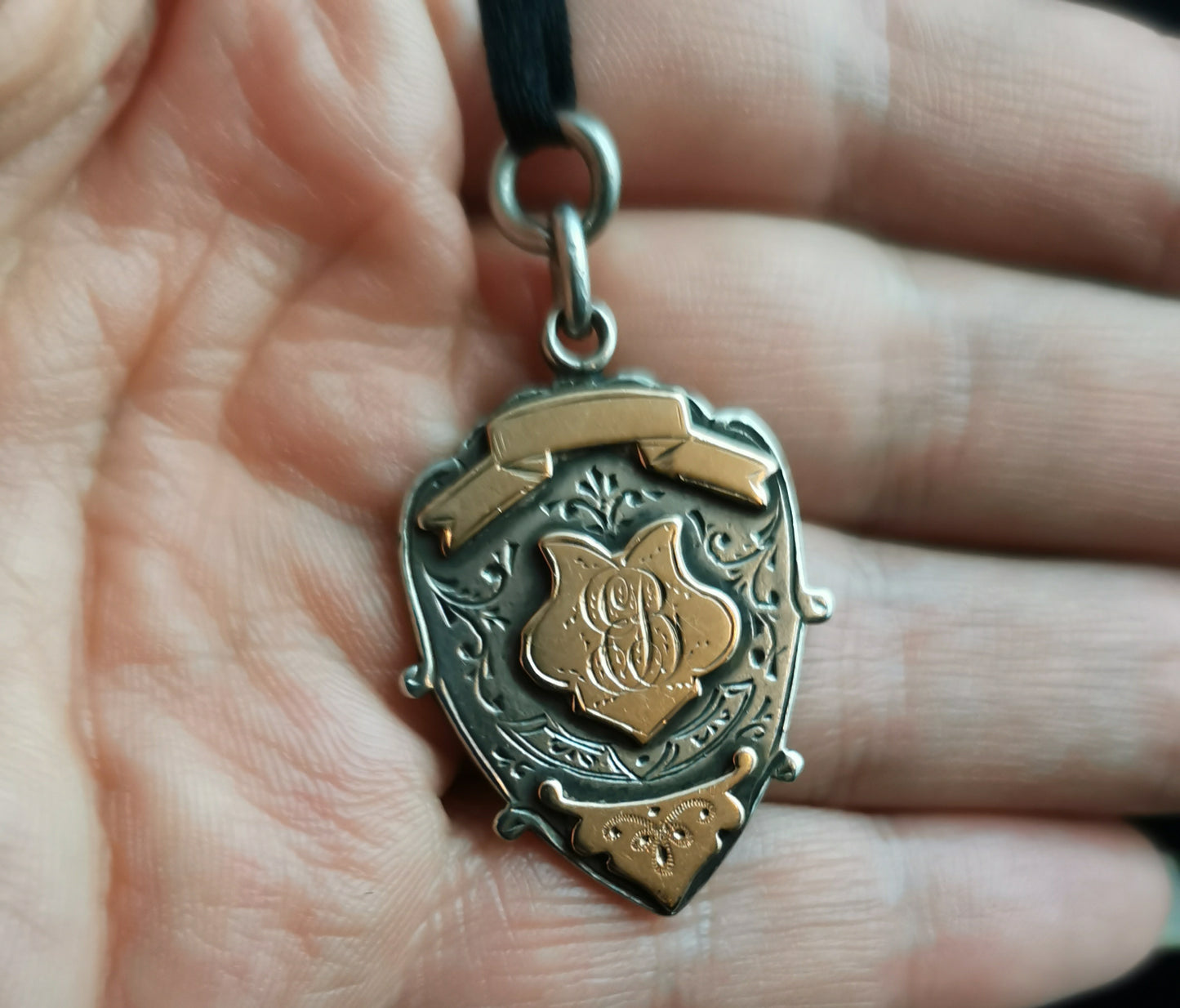 Antique Sterling silver and Rose gold shield fob, pendant