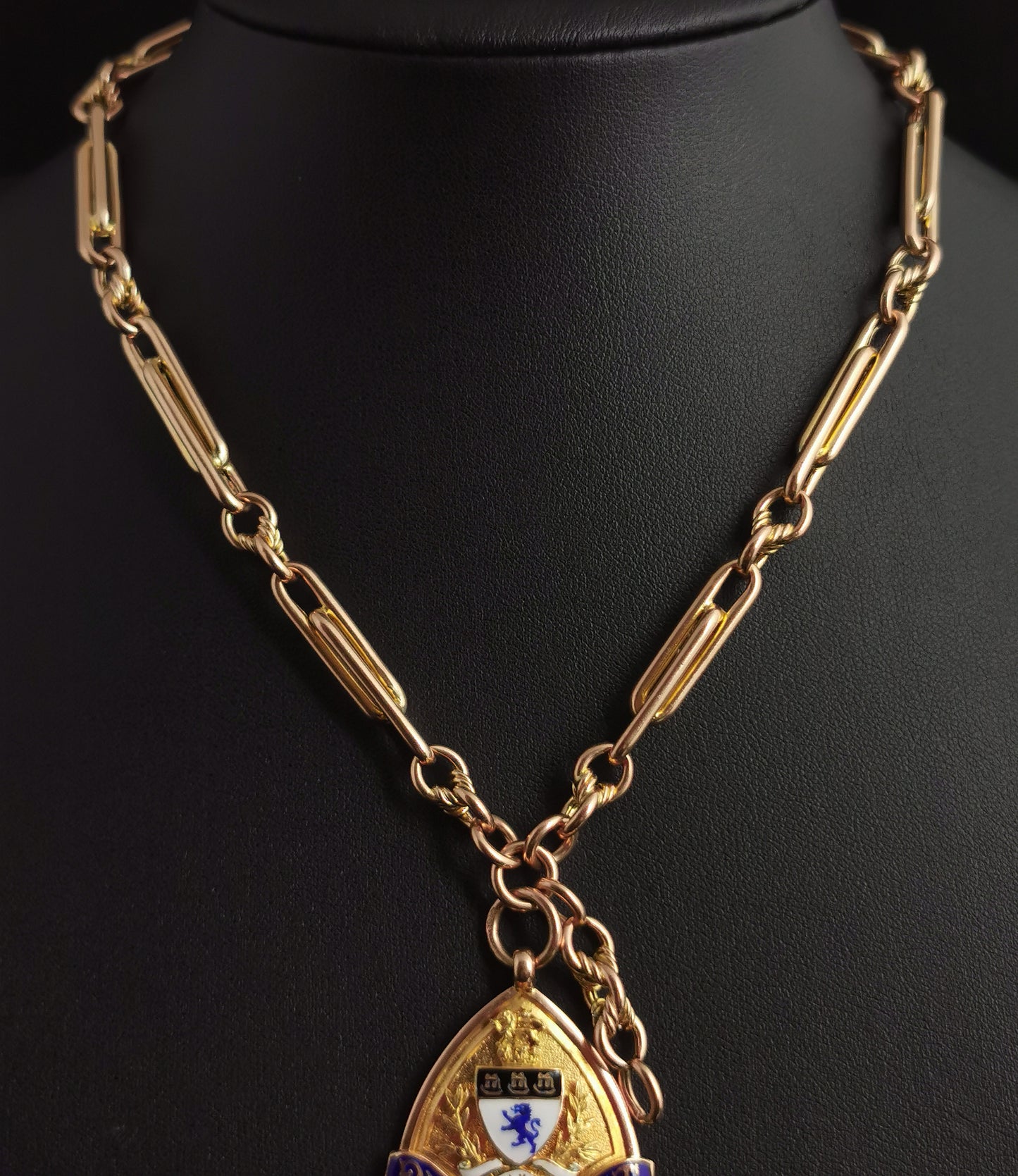 Antique 9ct gold Albert chain, watch chain, Enamelled fob