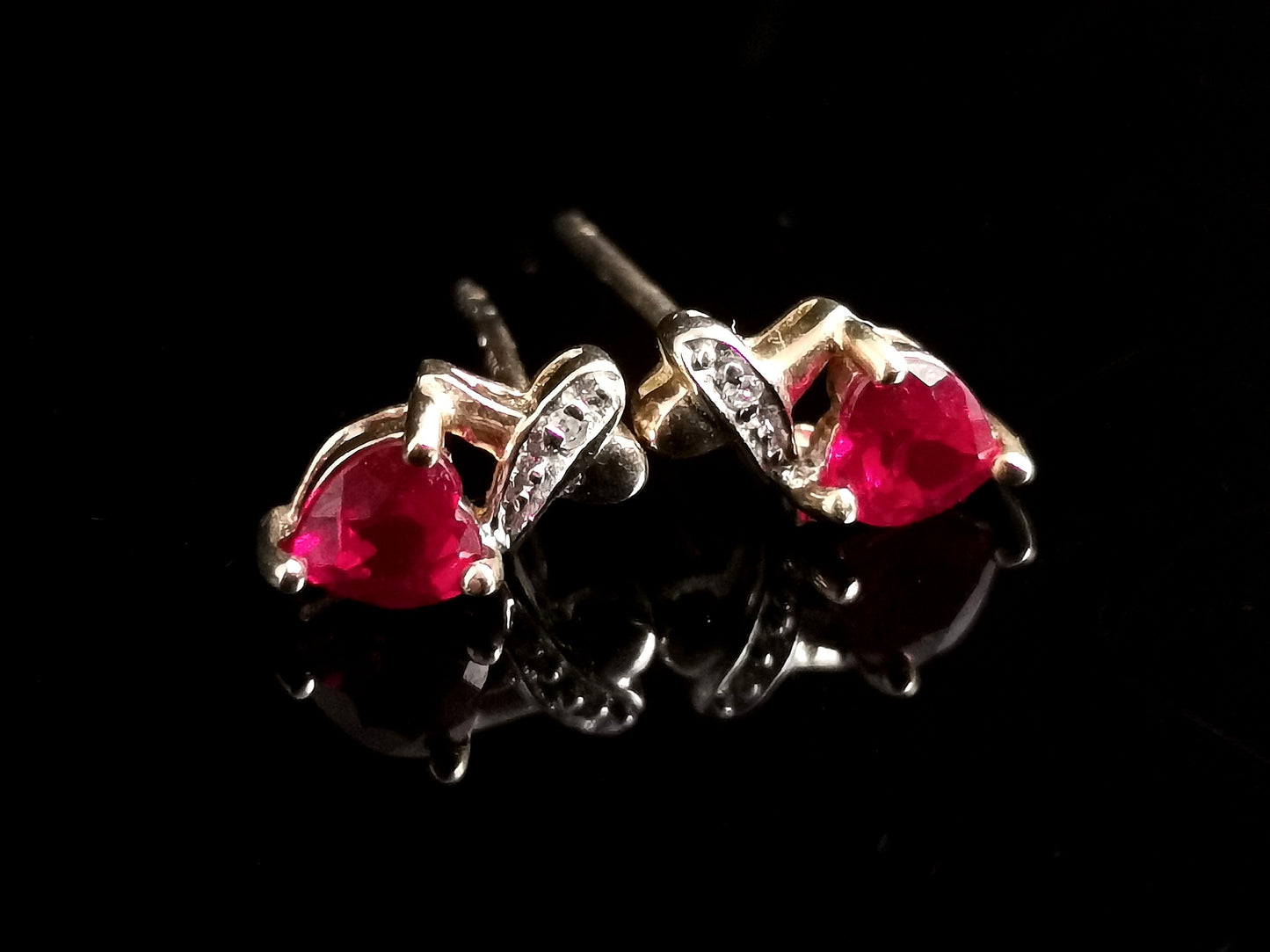 Vintage Synthetic Ruby and Diamond Heart earrings, studs, 9ct gold