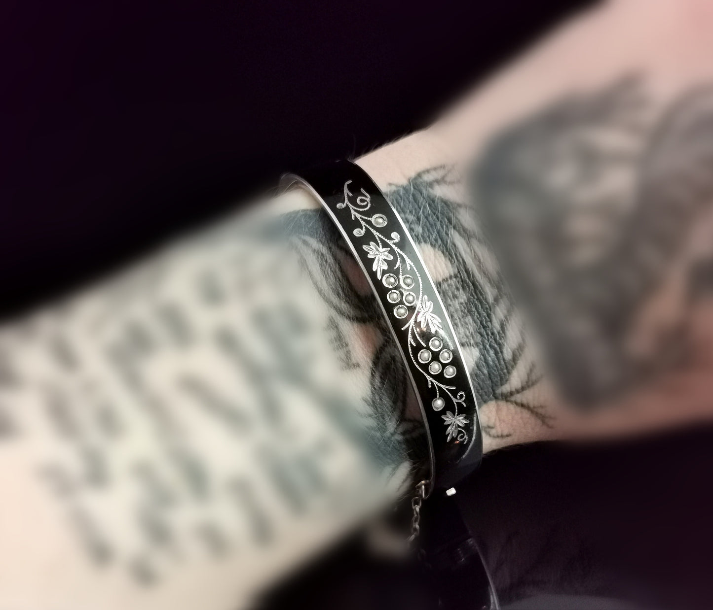 Antique Victorian mourning bangle, Silver and enamel, seed pearl