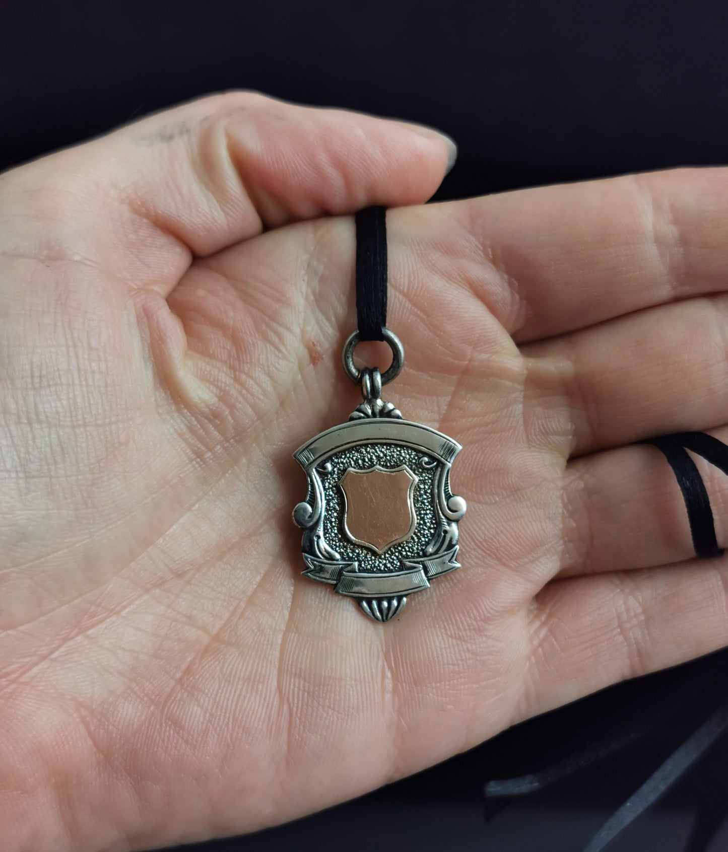 Vintage Art Deco silver and Rose gold shield fob pendant, watch fob