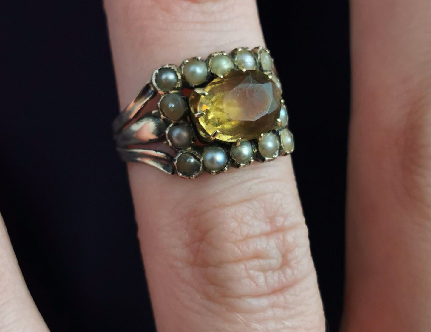 Antique Georgian Citrine and pearl ring, 9ct gold