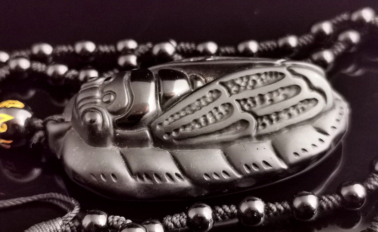 Vintage French Cicada pendant necklace, French Jet beads