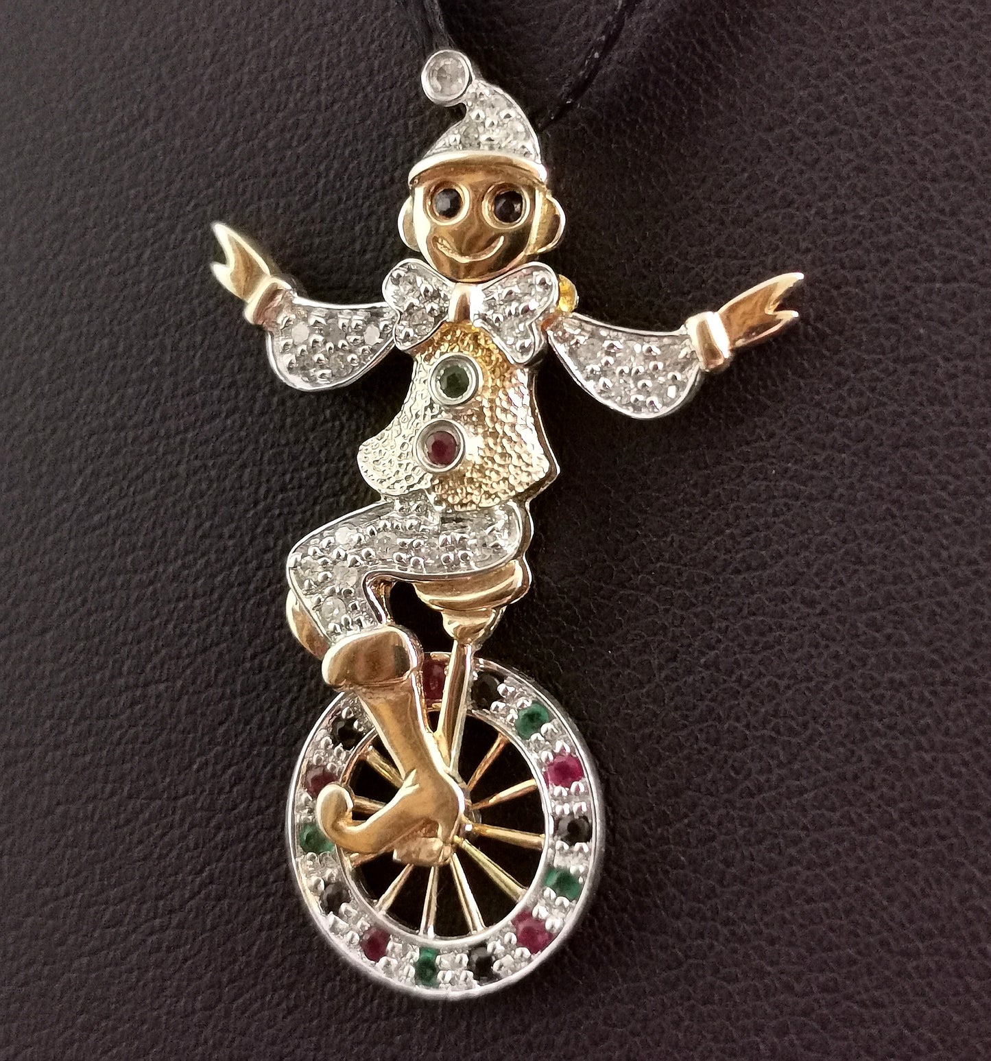 Vintage Gemstone Clown and Unicycle pendant, 9ct gold, Diamond, Emerald, Ruby and Sapphire