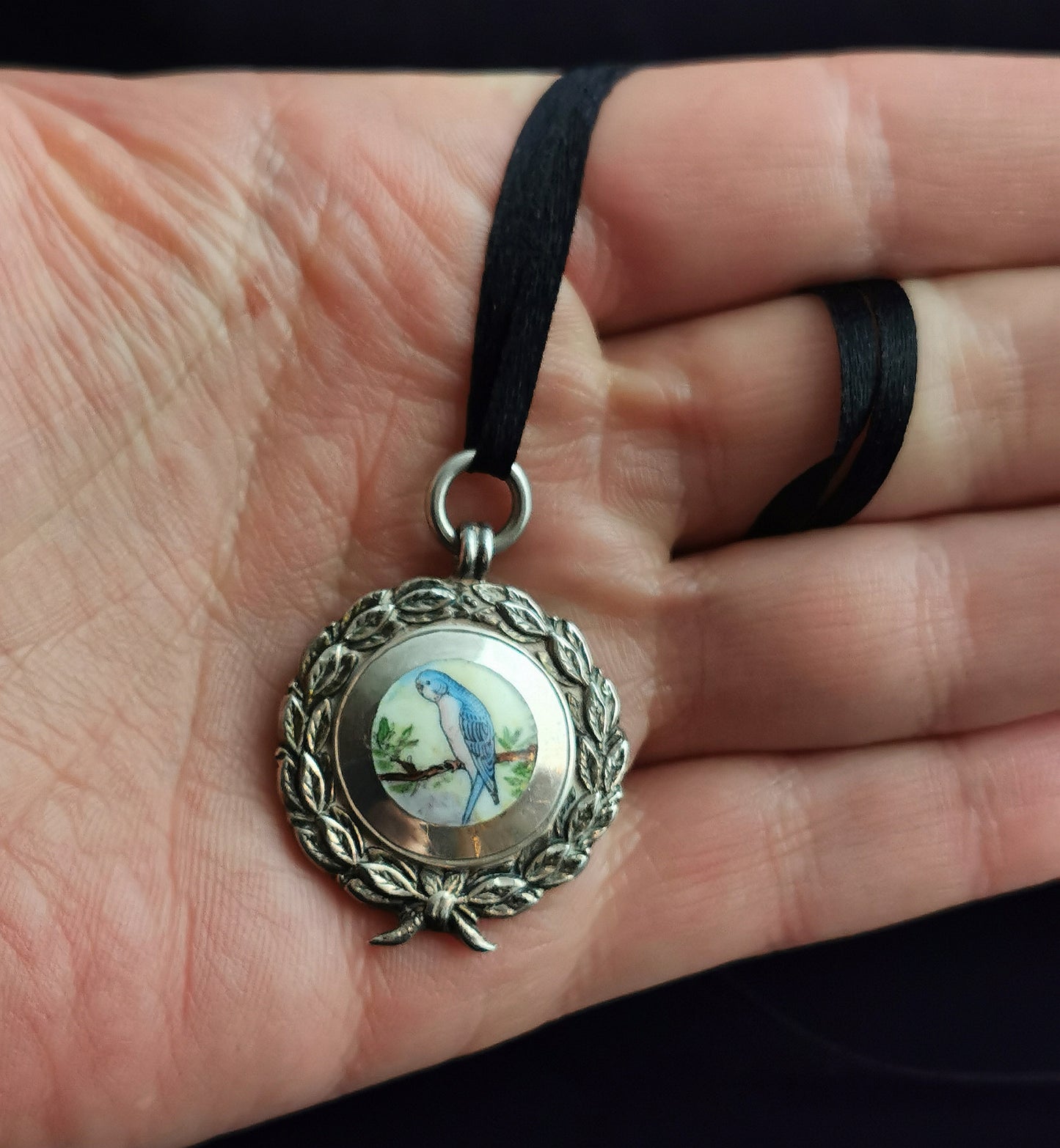 Art Deco silver and enamel watch fob pendant, Budgerigar