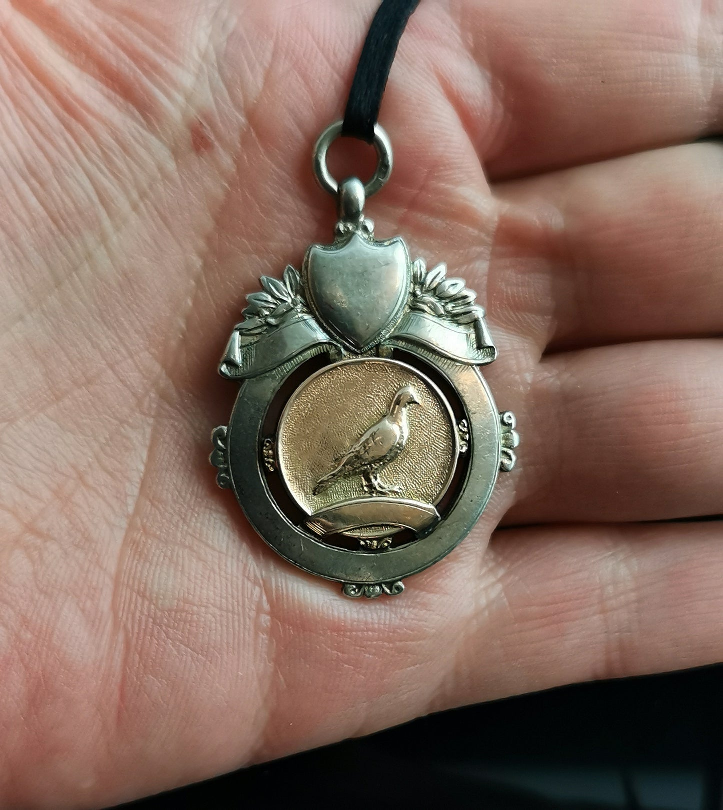 Vintage Art Deco silver and Rose gold fob pendant, Pigeon