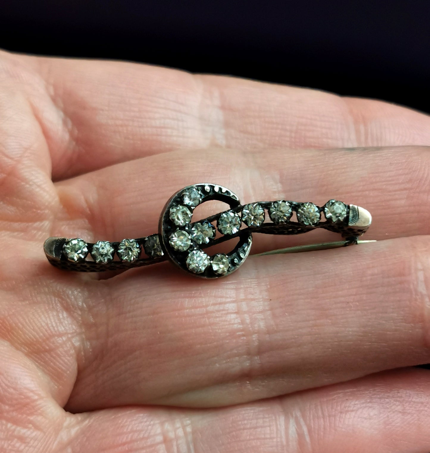 Antique Victorian silver and paste Crescent brooch, bar brooch