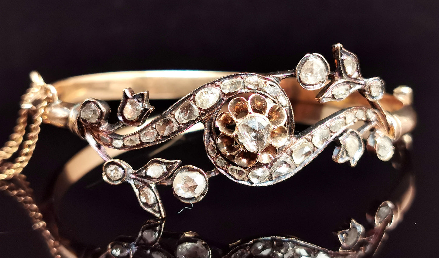 Antique Diamond bangle, 18ct gold,  rose cut, Victorian