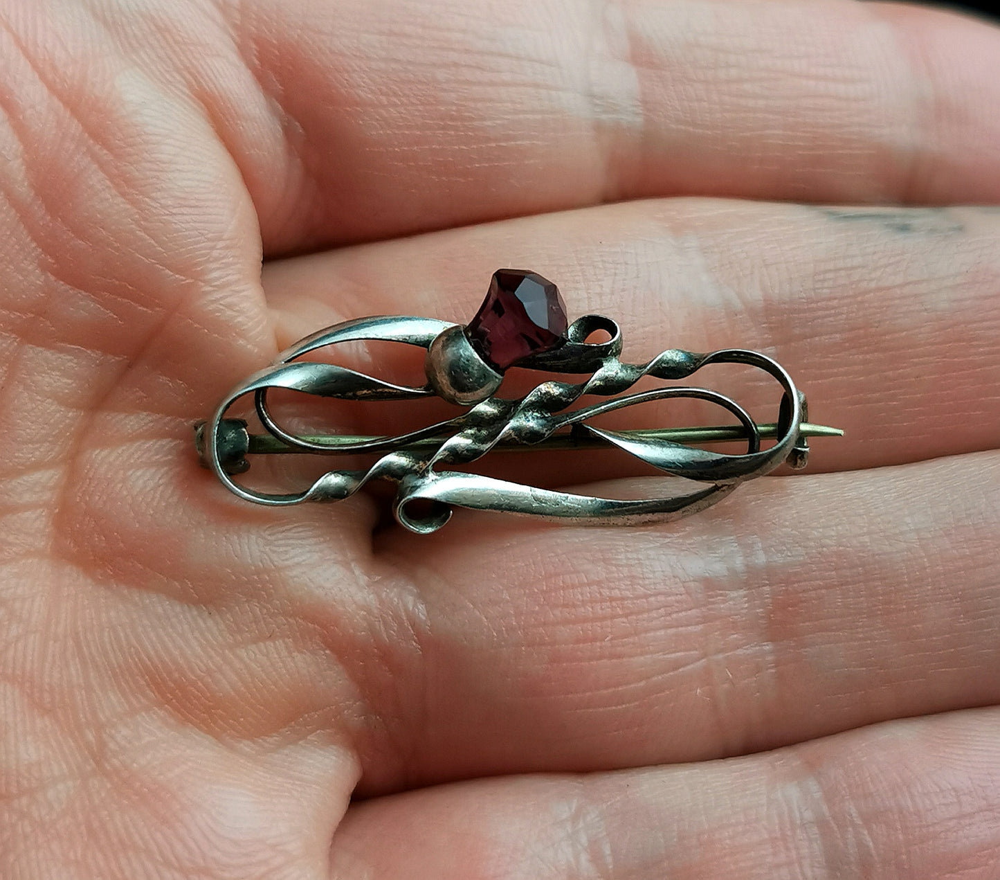 Antique sterling silver and Amethyst paste Thistle brooch, Charles Horner