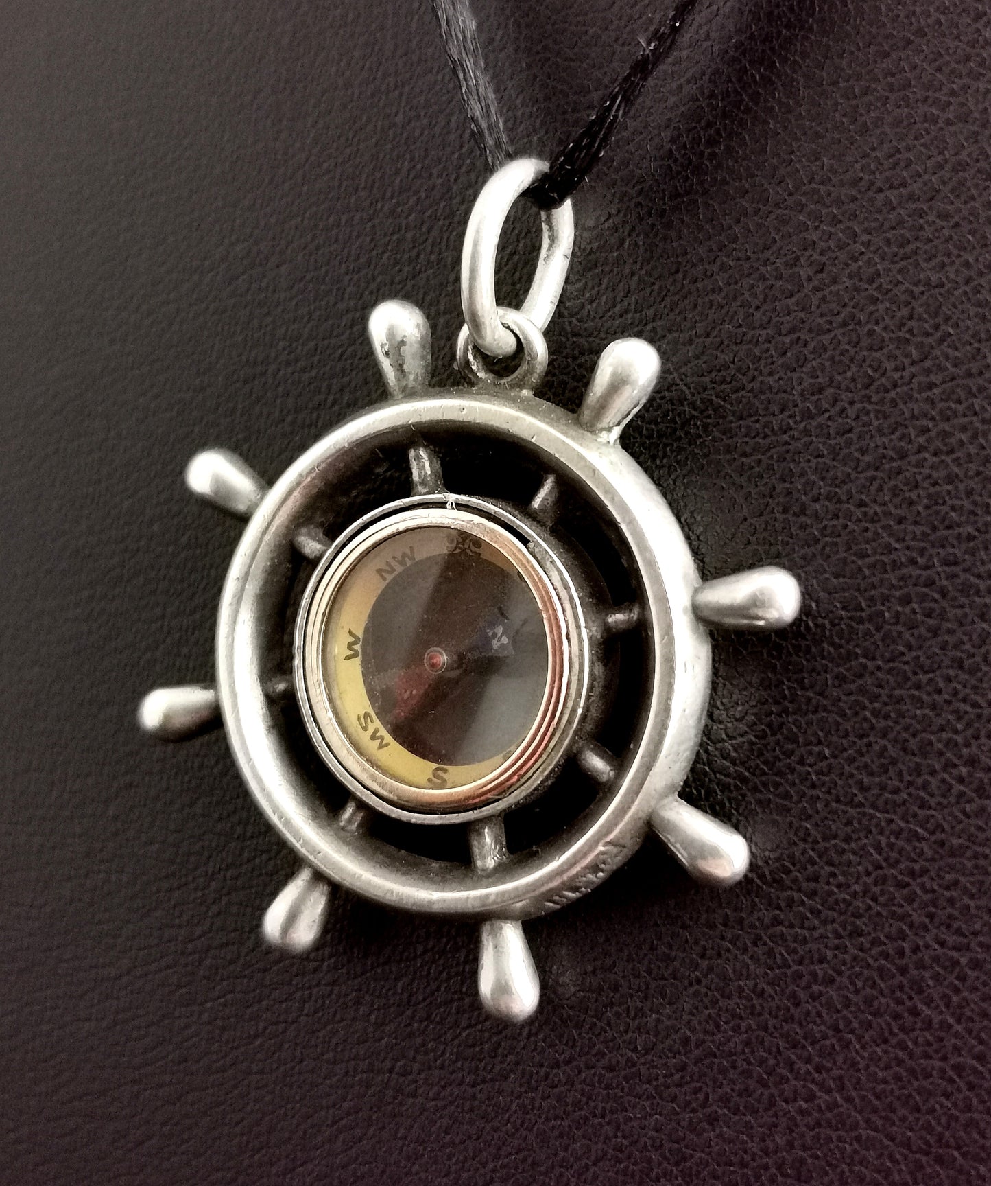 Victorian silver compass pendant, Ships Wheel, fob