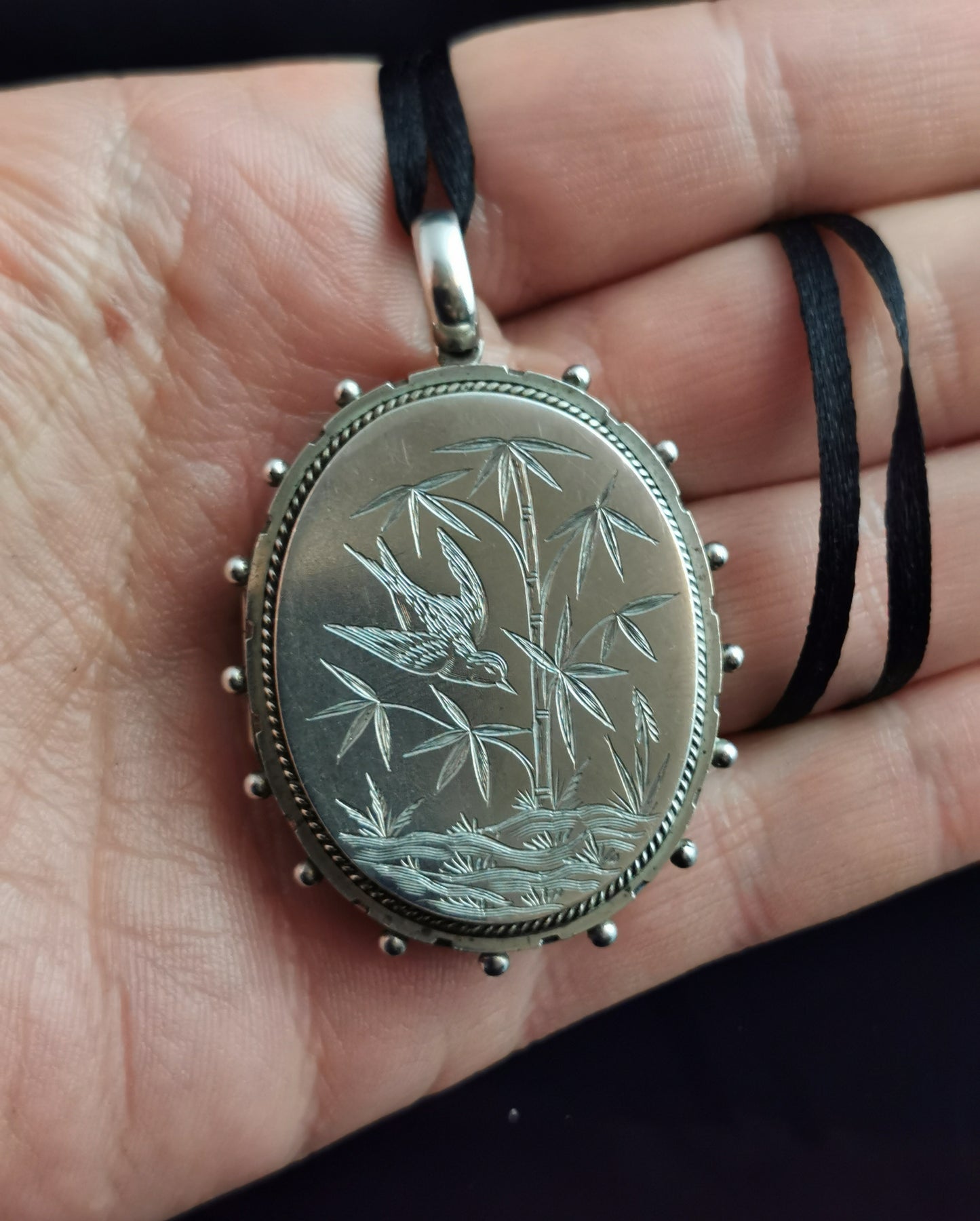 Antique Victorian silver Swallow locket, aesthetic era