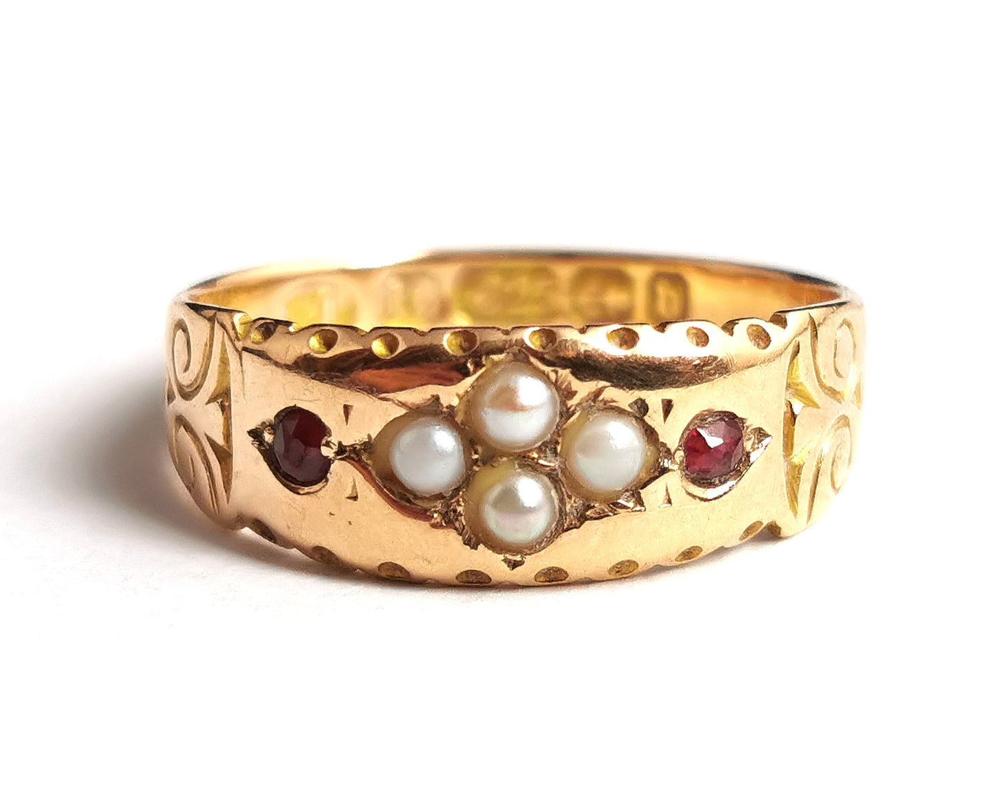 Antique Ruby and pearl ring, 15ct gold, Victorian