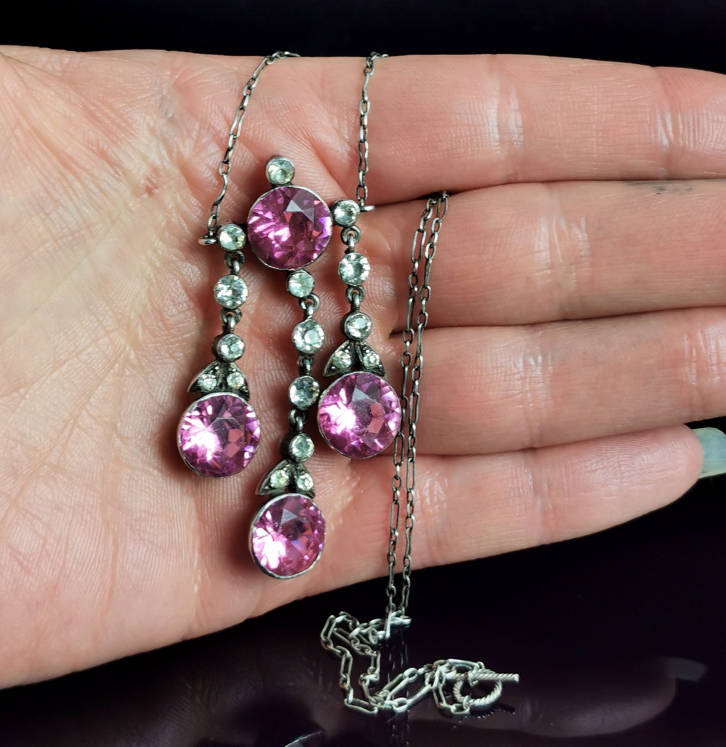 Antique Georgian paste pendant necklace, foiled paste, Sterling silver