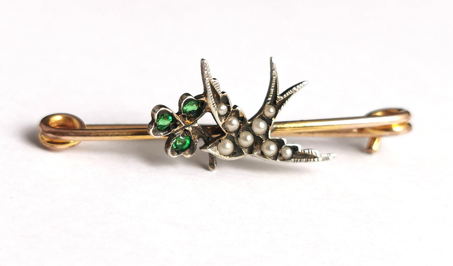 Antique Swallow and Shamrock brooch, pin, Boxed
