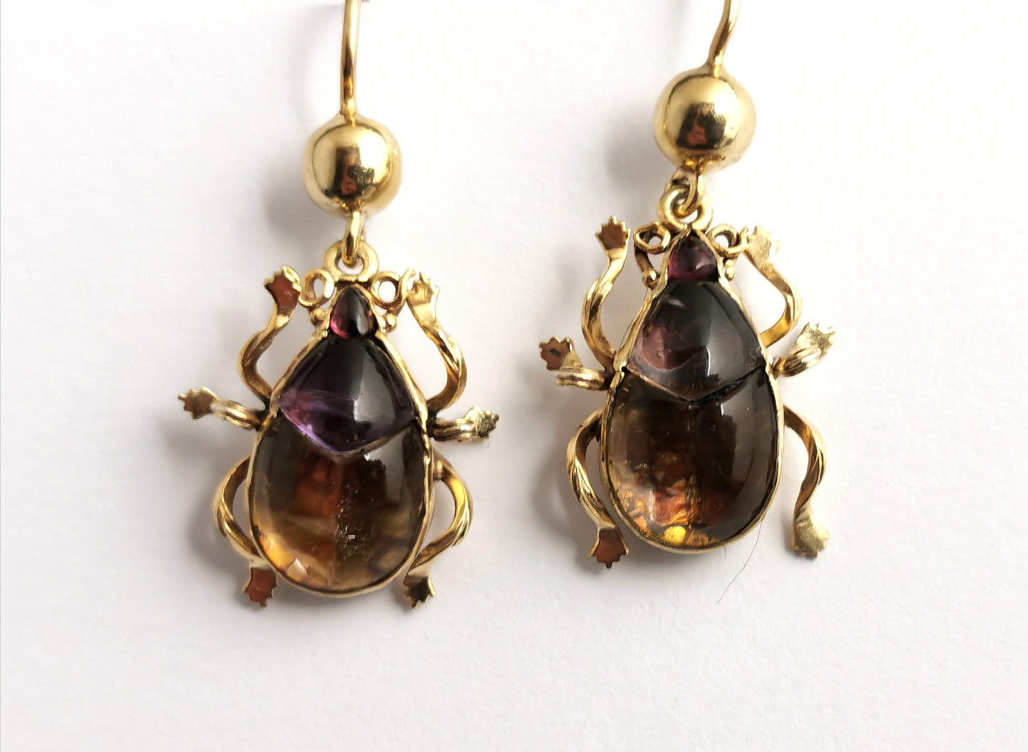 Antique Victorian beetle earrings, 9ct gold, Egyptian revival