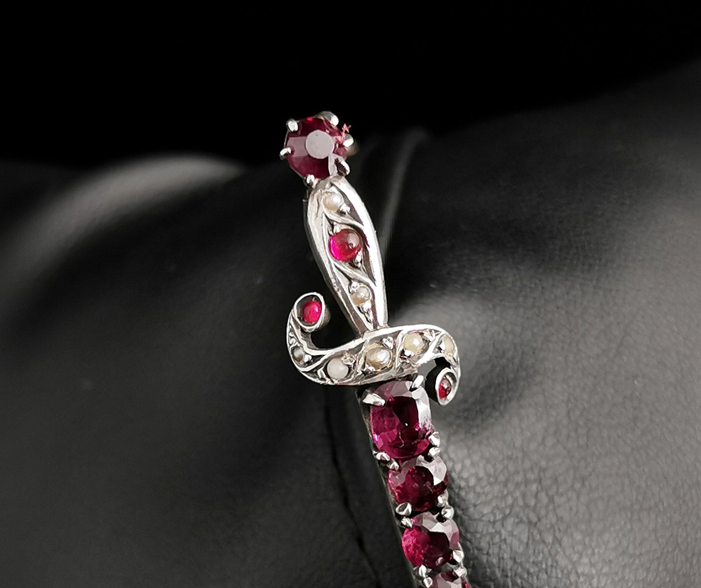 Antique French Garnet sword brooch, silver, 19th century