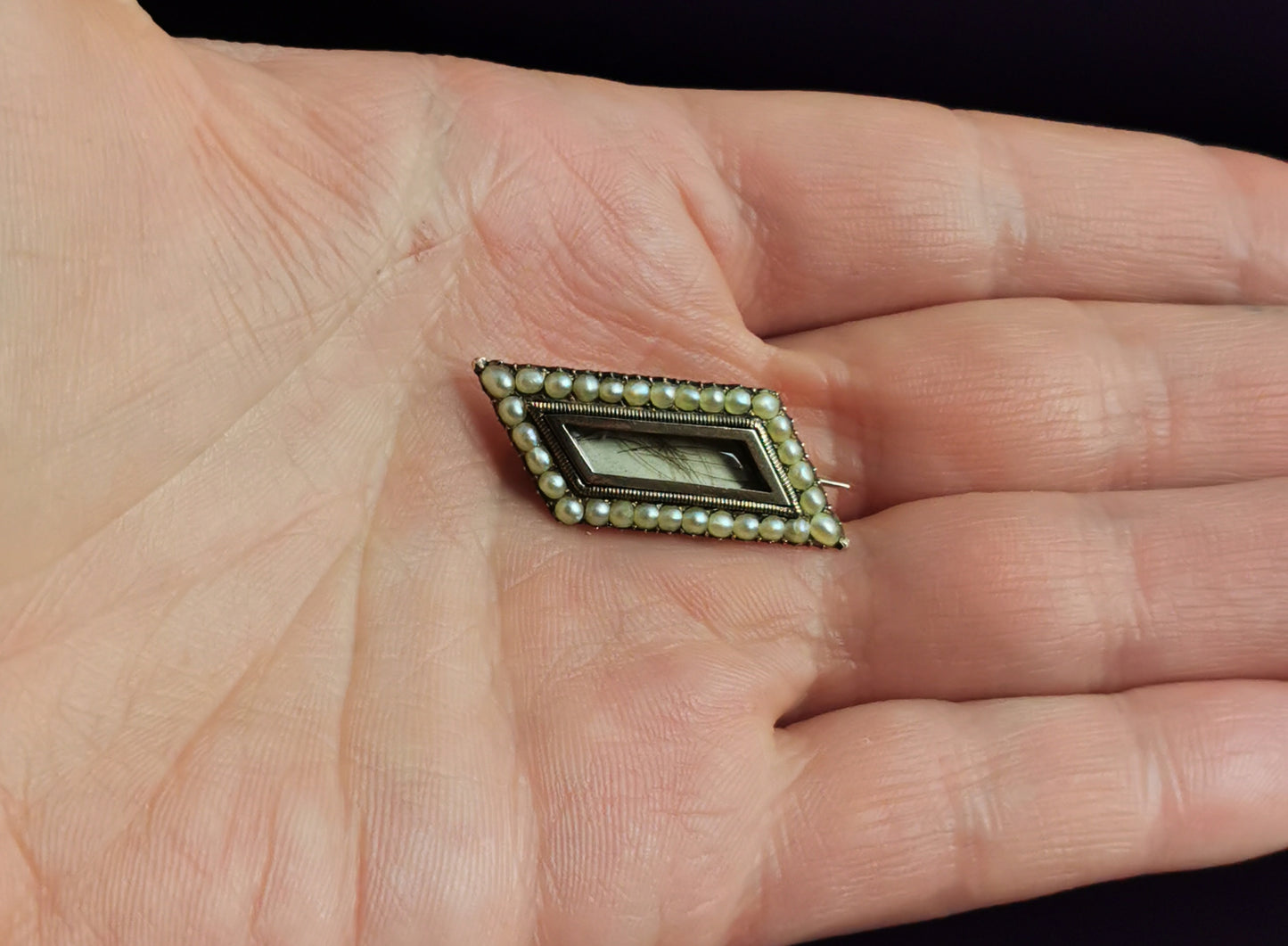 Antique Georgian mourning brooch, 9ct Rose gold, pearl, Rhomboid