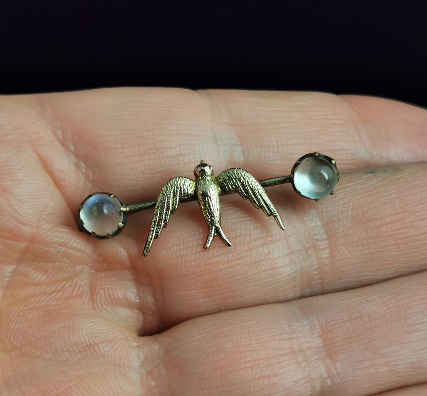 Antique Moonstone Swallow brooch, 12ct gold, Edwardian pin