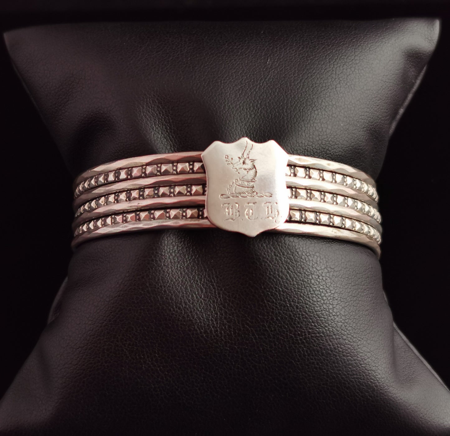 Antique Victorian silver stacking bangles, shield slider, Heraldic Deer