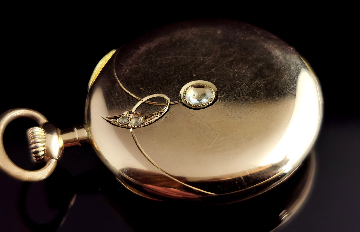 Antique 18ct gold pocket watch, Rose cut diamond, Art Nouveau, fob watch