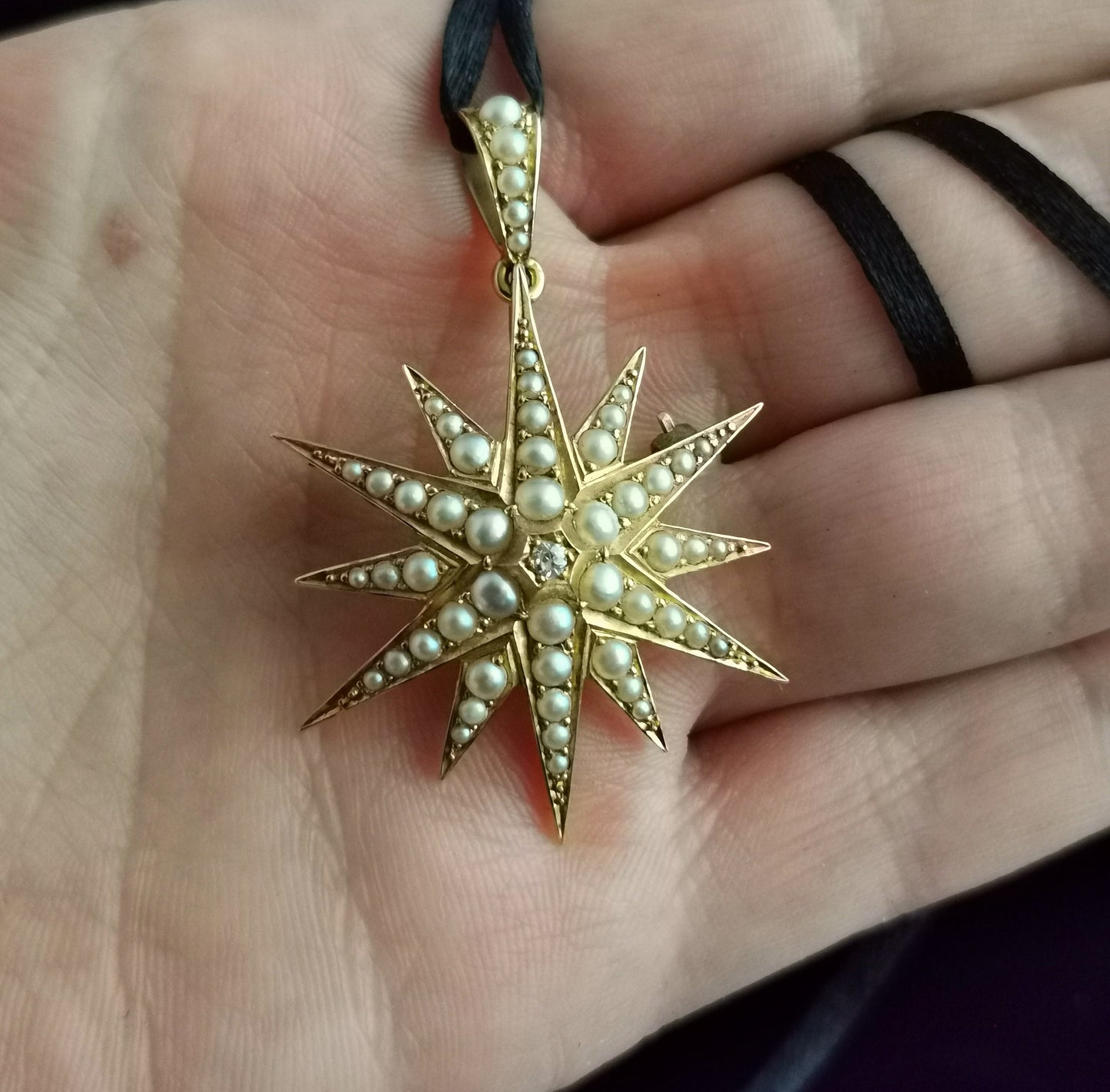Antique Pearl and Diamond star pendant brooch, 18ct gold, Victorian, Boxed