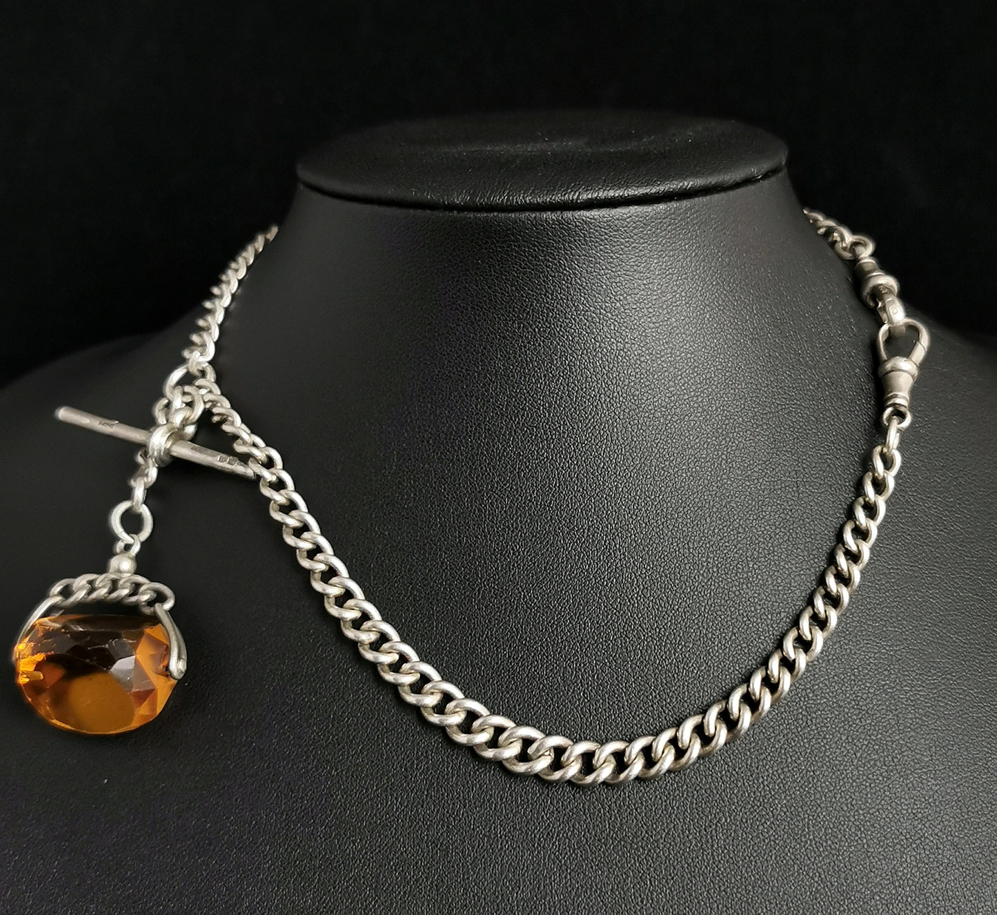 Antique sterling silver Albert chain, watch chain, Citrine spinning fob